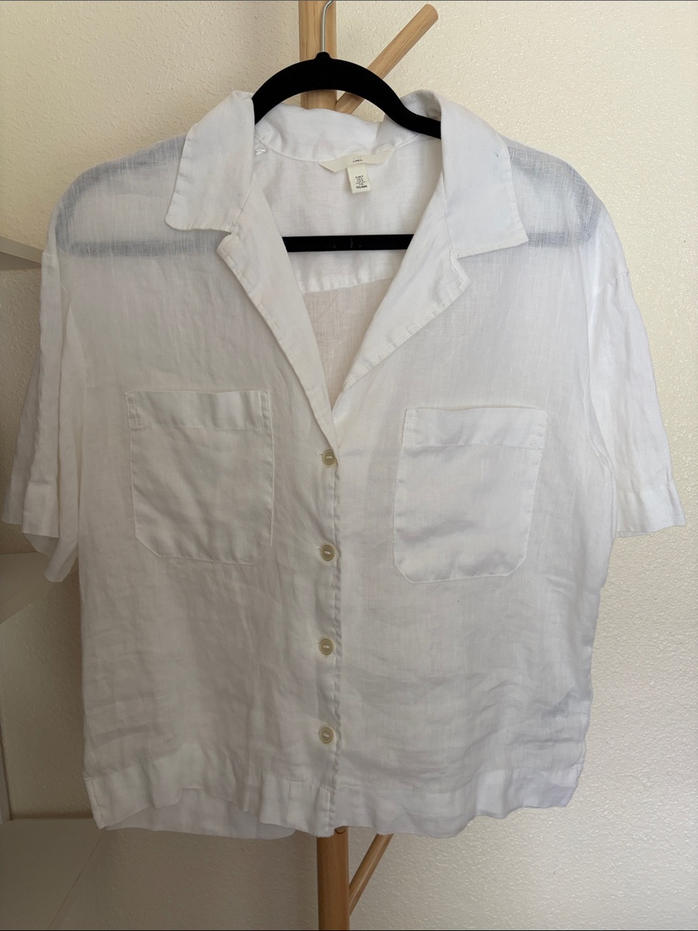 White Linen Short-Sleeve Button-Down Camp Collar Shirt